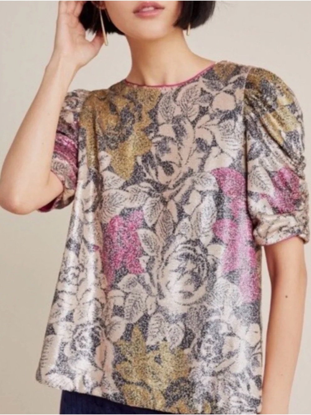 Anthropologie Shimmery Floral Puff-Sleeve Blouse in Pink, Gold, and Silver